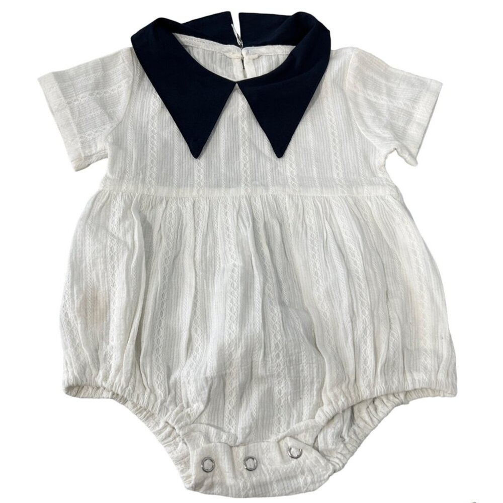 Vintage Romper Size 6M Navy White Cotton Short Sleeve Snap Closure Baby Layette